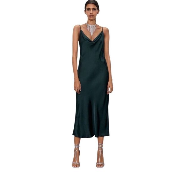 Zara Olive Green Spaghetti Strap Satin Midi Dress Size Medium - Picture 1 of 8